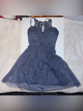 Little Mistress Blue Lace Applique Prom Dress with Beaded Accents and Tule
